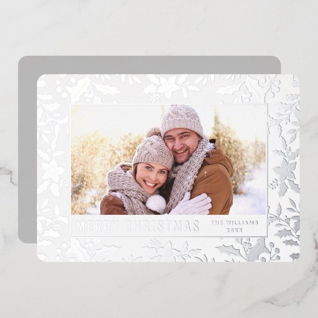 Tarjeta Festiva Con Relieve Metalizado Elegantes Navidades Foliage Photo Rosa Silver (Anverso/Reverso)