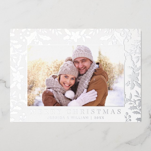 Tarjeta Festiva Con Relieve Metalizado Elegantes Navidades Foliage Photo Silver (Anverso)