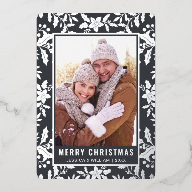 Tarjeta Festiva Con Relieve Metalizado Elegantes Navidades Foliage Photo Silver (Anverso)