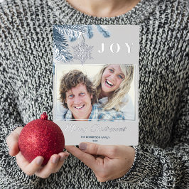 Tarjeta Festiva Con Relieve Metalizado Elegantes Navidades Plata Snowflakes Blue Gray Joy