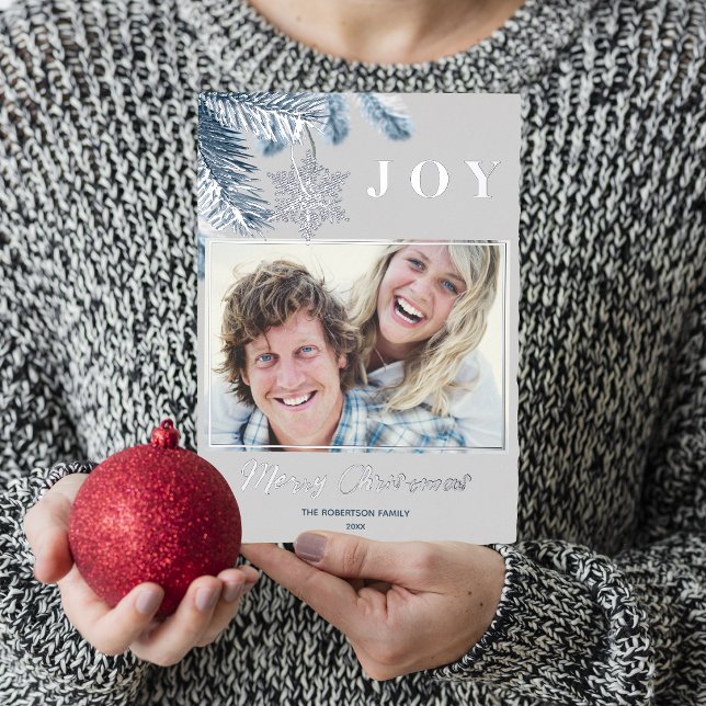 Tarjeta Festiva Con Relieve Metalizado Elegantes Navidades Plata Snowflakes Blue Gray Joy (Subido por el creador)
