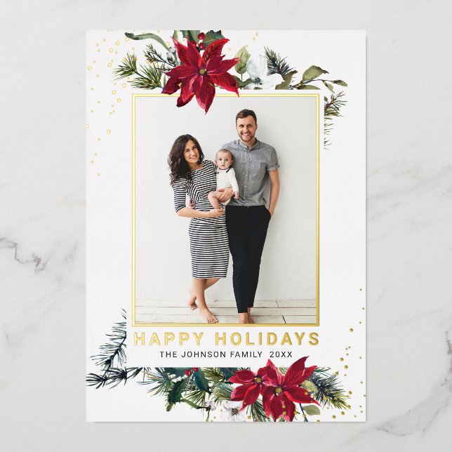 Tarjeta Festiva Con Relieve Metalizado Elegantes Navidades Poinsettia Photo Gold (Anverso )