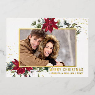 Tarjeta Festiva Con Relieve Metalizado Elegantes Navidades Poinsettia Photo Gold
