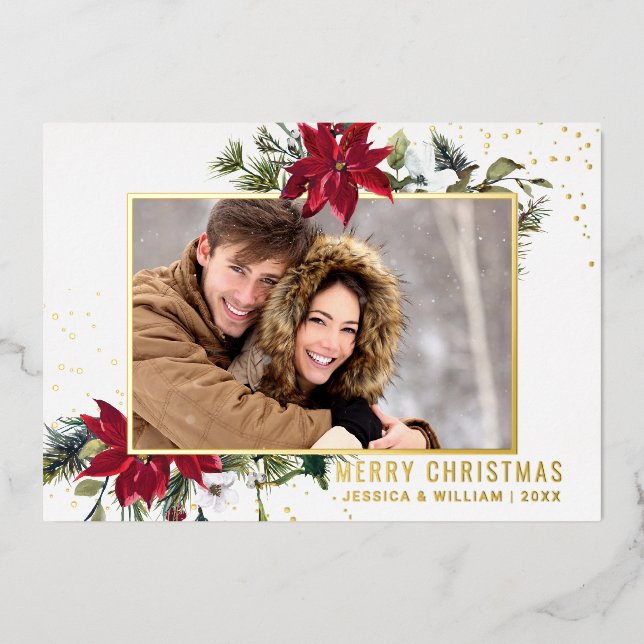 Tarjeta Festiva Con Relieve Metalizado Elegantes Navidades Poinsettia Photo Gold (Anverso)