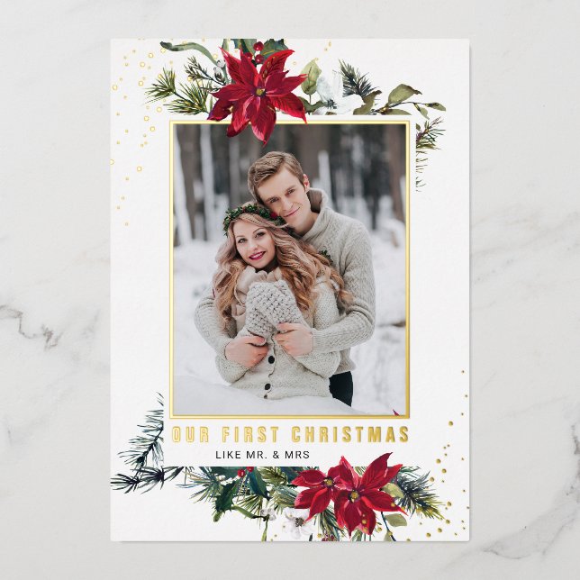 Tarjeta Festiva Con Relieve Metalizado Elegantes Navidades Poinsettia Photo Gold (Anverso)