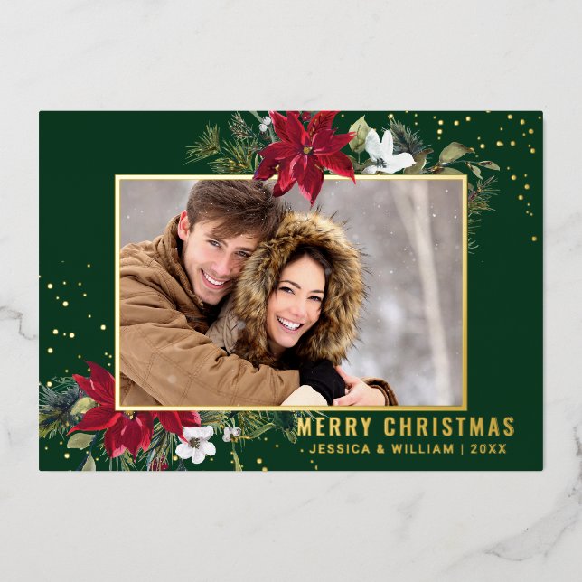 Tarjeta Festiva Con Relieve Metalizado Elegantes Navidades Poinsettia Photo Gold (Anverso)