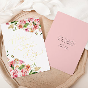 Tarjeta Festiva Con Relieve Metalizado Elegantes peonías rosadas Feliz Día de la Madre