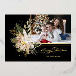 Tarjeta Festiva Con Relieve Metalizado Elegantes poinsettias blancas con verde dorado fot