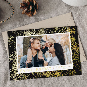 Tarjeta Festiva Con Relieve Metalizado Elegantes Poinsettias y Piñas Foto en Carbón