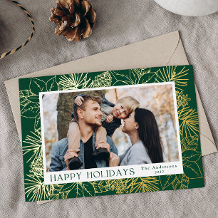 Tarjeta Festiva Con Relieve Metalizado Elegantes Poinsettias y Piñas Verdes Foto