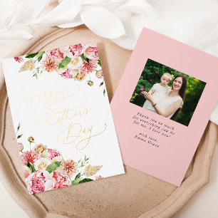 Tarjeta Festiva Con Relieve Metalizado Elegantes pueblos rosados foto Día de la Madre