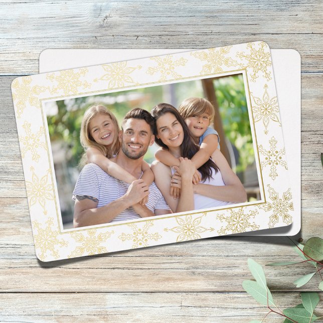 Tarjeta Festiva Con Relieve Metalizado Elegantes vacaciones de oro Sencillos copos de nie (Real gold foil simple snowflake pattern Holiday Christmas photo greeting card. )