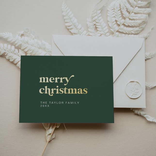 Tarjeta Festiva Con Relieve Metalizado EMERY Green Relieve metalizado Retro Diversión Sim (EMERY Green Foil Retro Fun Simple Merry Christmas Foil Holiday Card)