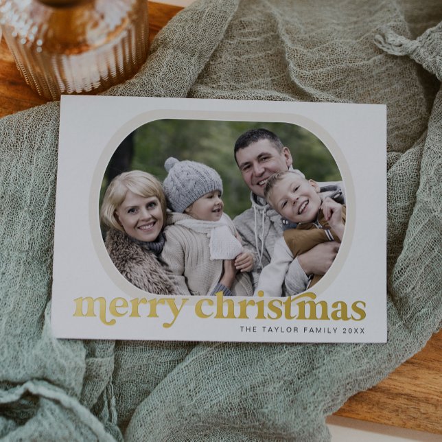 Tarjeta Festiva Con Relieve Metalizado EMERY Relieve metalizado dorado Foto Simple Feliz  (EMERY Gold Foil Photo Simple Merry Christmas Foil Holiday Card)