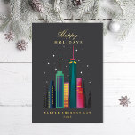 Tarjeta Festiva Con Relieve Metalizado Empresa de Office City Skyline<br><div class="desc">Personalizar con su logotipo o mensaje para la temporada de vacaciones. Original ilustracion en el horizonte de la ciudad de Becky Nimoy. Opción para la foto en la parte posterior o borrar como desee. acentos de Relieve metalizado dorado, 3 tipos de Relieve metalizado disponibles. También disponible en tinta plana, sin...</div>