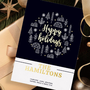 Tarjeta Festiva Con Relieve Metalizado Escandinavo Nórdico Felices Fiestas Personalizado