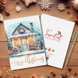 Tarjeta Festiva Con Relieve Metalizado Escena de invierno Feliz Navidad Gold