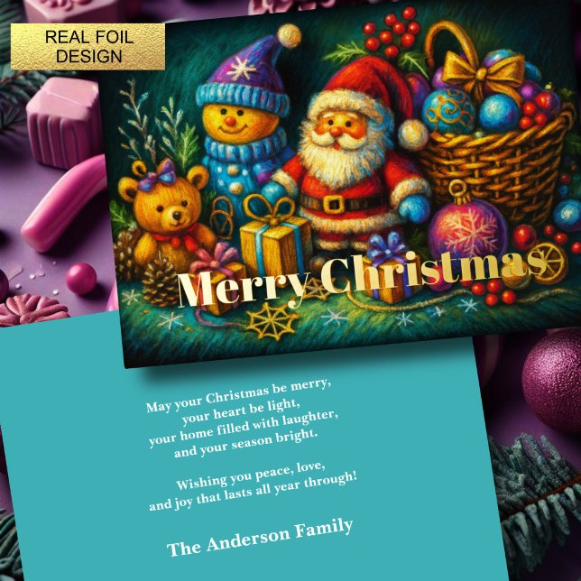 Tarjeta Festiva Con Relieve Metalizado Escena de juguetes y ornamentos para Navidades ama (Subido por el creador)