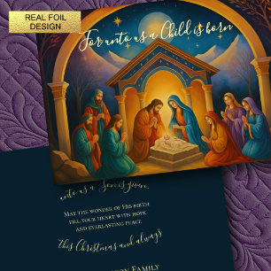 Tarjeta Festiva Con Relieve Metalizado Escena de la Natividad de Pintura Moderna
