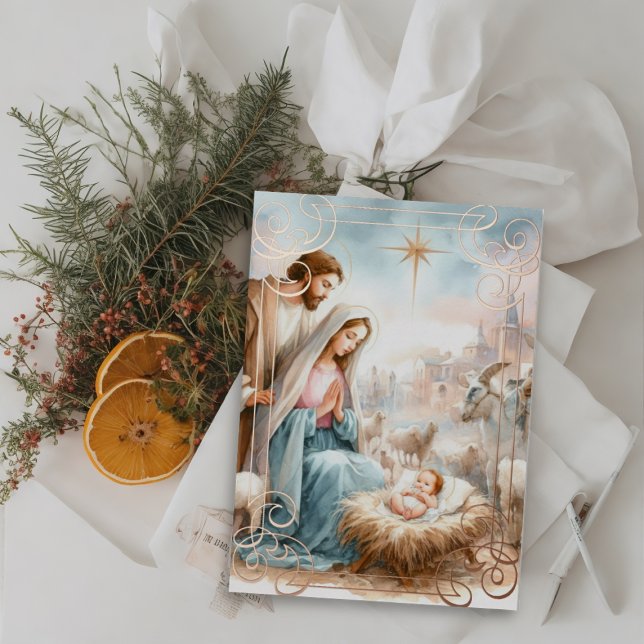 Tarjeta Festiva Con Relieve Metalizado Escena de natividad acuarela (Subido por el creador)