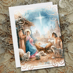 Tarjeta Festiva Con Relieve Metalizado Escena de natividad acuarela