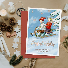 Tarjeta Festiva Con Relieve Metalizado Escena De Sledding Infantil Vintage Cute | Deseos