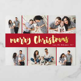 Tarjeta Festiva Con Relieve Metalizado Escrito a mano Red Merry Christmas 6 Photo Gold