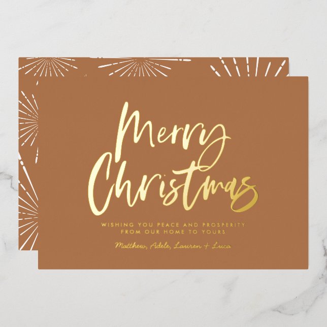 Tarjeta Festiva Con Relieve Metalizado escritura blanca terracota alegre Navidad no foto (Anverso/Reverso)