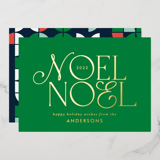 Tarjeta Festiva Con Relieve Metalizado escritura geométrica verde Noel elegante moderno (Anverso/Reverso)
