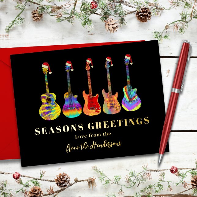 Tarjeta Festiva Con Relieve Metalizado Estaciones de guitarra festiva personalizada Salud (Music themed colorful Christmas guitars personalized seasons greetings black and gold foil card)