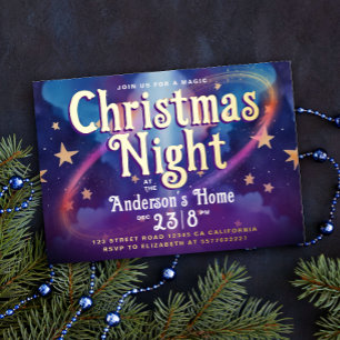 Tarjeta Festiva Con Relieve Metalizado Estilo Púrpura AzulNoche de Navidad Estelar Celest