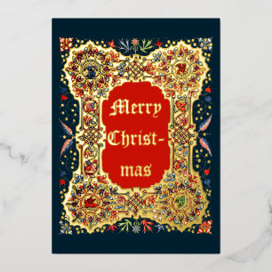 Tarjeta Festiva Con Relieve Metalizado Estilo vintage de Navidad medieval iluminado