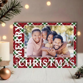 Tarjeta Festiva Con Relieve Metalizado Estiloso Plaid de Navidad Foto Plata