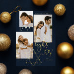 Tarjeta Festiva Con Relieve Metalizado Estrella de la alegría de la luz del amor David Ha<br><div class="desc">Elegante Hanukkah tarjeta de tres collage de fotos con un elegante diseño de tipografía "Love Joy Light" en oro. Las estrellas doradas espumosas crean la estrella de David. Obra de Moodthology Papery.</div>
