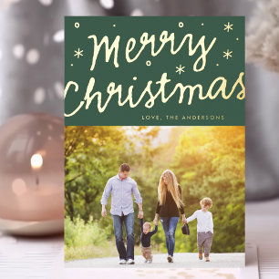 Tarjeta Festiva Con Relieve Metalizado Estrellas de Navidad Letras Foto Verde Dorado