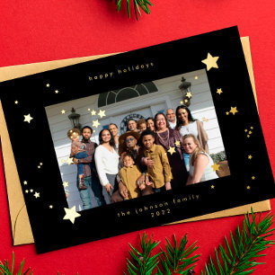 Tarjeta Festiva Con Relieve Metalizado Estrellas de Oro Prensadas Premium sobre Negro Óni