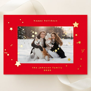 Tarjeta Festiva Con Relieve Metalizado Estrellas de Oro REAL Cherry Red Foto Feliz Navida