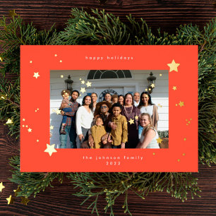 Tarjeta Festiva Con Relieve Metalizado Estrellas de Oro Rojo Cereza Foto Feliz Navidad