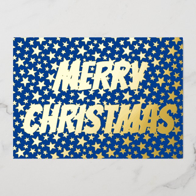 Tarjeta Festiva Con Relieve Metalizado Estrellas modernas y elegantes Feliz Navidad azul  (Anverso)