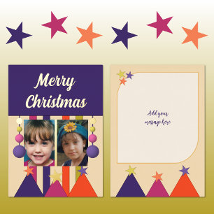 Tarjeta Festiva Con Relieve Metalizado Estrellas y adornos navidad alegre fotos moradas