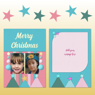Tarjeta Festiva Con Relieve Metalizado Estrellas y adornos navidad fotos rosa