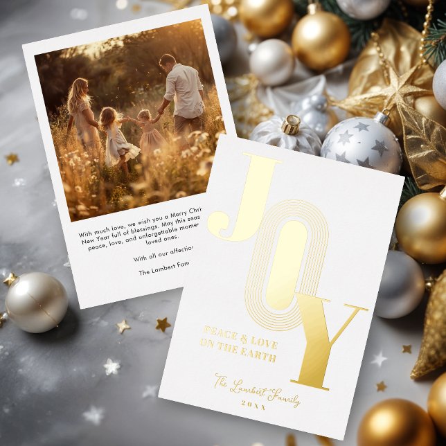 Tarjeta Festiva Con Relieve Metalizado Exquisite Golden Modern JOY Metallic Christmas (Exquisite Golden Modern JOY Metallic Foil Christmas Holiday Cards with Family Photo on Back.)