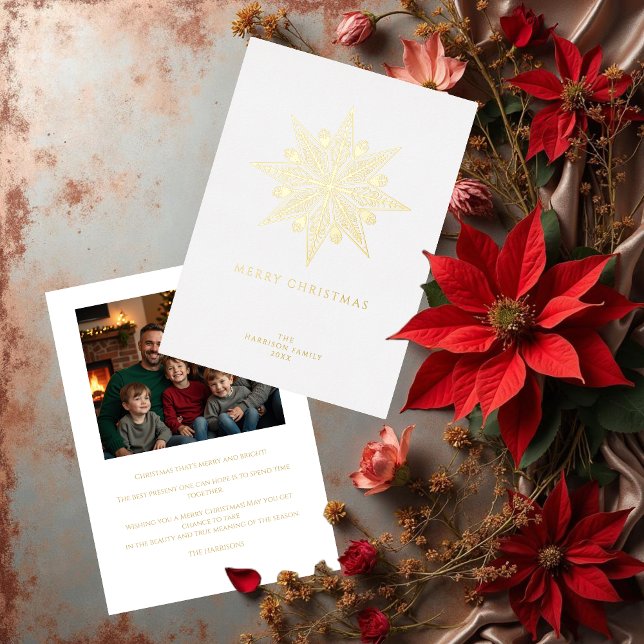 Tarjeta Festiva Con Relieve Metalizado Exquisite Ornate Stylish Christmas Star Gold (Exquisite Ornate Stylish Christmas Star Gold Metallic Foil Holiday Cards with Back Photo. )