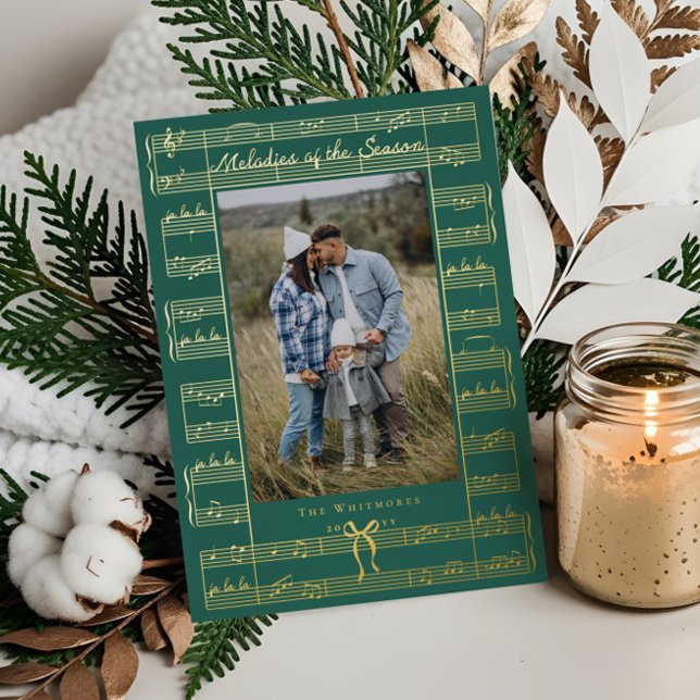 Tarjeta Festiva Con Relieve Metalizado Fa La Bow Navidades de fotografía musical (Fa La La Bow Vintage Sheet Music Photo Christmas Foil Holiday Card)