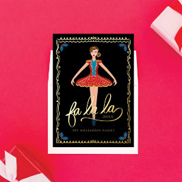 Tarjeta Festiva Con Relieve Metalizado Fa La La Navidades Bailarín de nueces bailarín neg