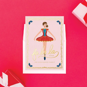 Tarjeta Festiva Con Relieve Metalizado Fa La La Navidades Baloncesto Nutcracker Bailarina