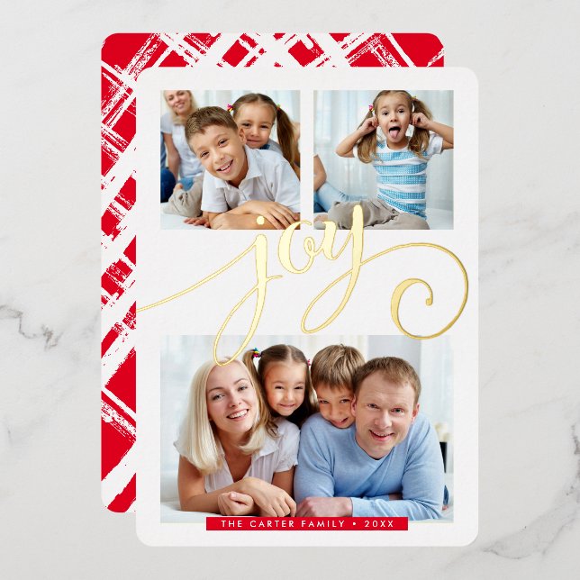 Tarjeta Festiva Con Relieve Metalizado FAMILIA 3 FOTOGRAFÍA caligrafía caprichosa diversi (Anverso/Reverso)