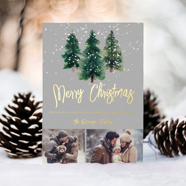 Tarjeta Festiva Con Relieve Metalizado Familia de árboles de navidad elegante de nieve 2  (Snow elegant christmas trees family 2 photos Foil Holiday Card)