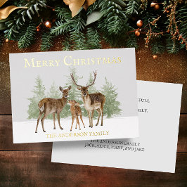 Tarjeta Festiva Con Relieve Metalizado Familia de ciervos de papel de oro Navidad Pine Al