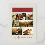 Tarjeta Festiva Con Relieve Metalizado Familia de Collages de fotos de amor rojo y oro<br><div class="desc">Comparte momentos sentidos con esta tarjeta de vacaciones "Sending Love", que presenta un cálido diseño minimalista con un encabezado burdeos enmarcado en oro y un guión elegante. La tarjeta muestra un diseño multifotográfico, perfecto para mostrar recuerdos familiares atesorados. El texto de nombre de familia en la parte inferior le da...</div>